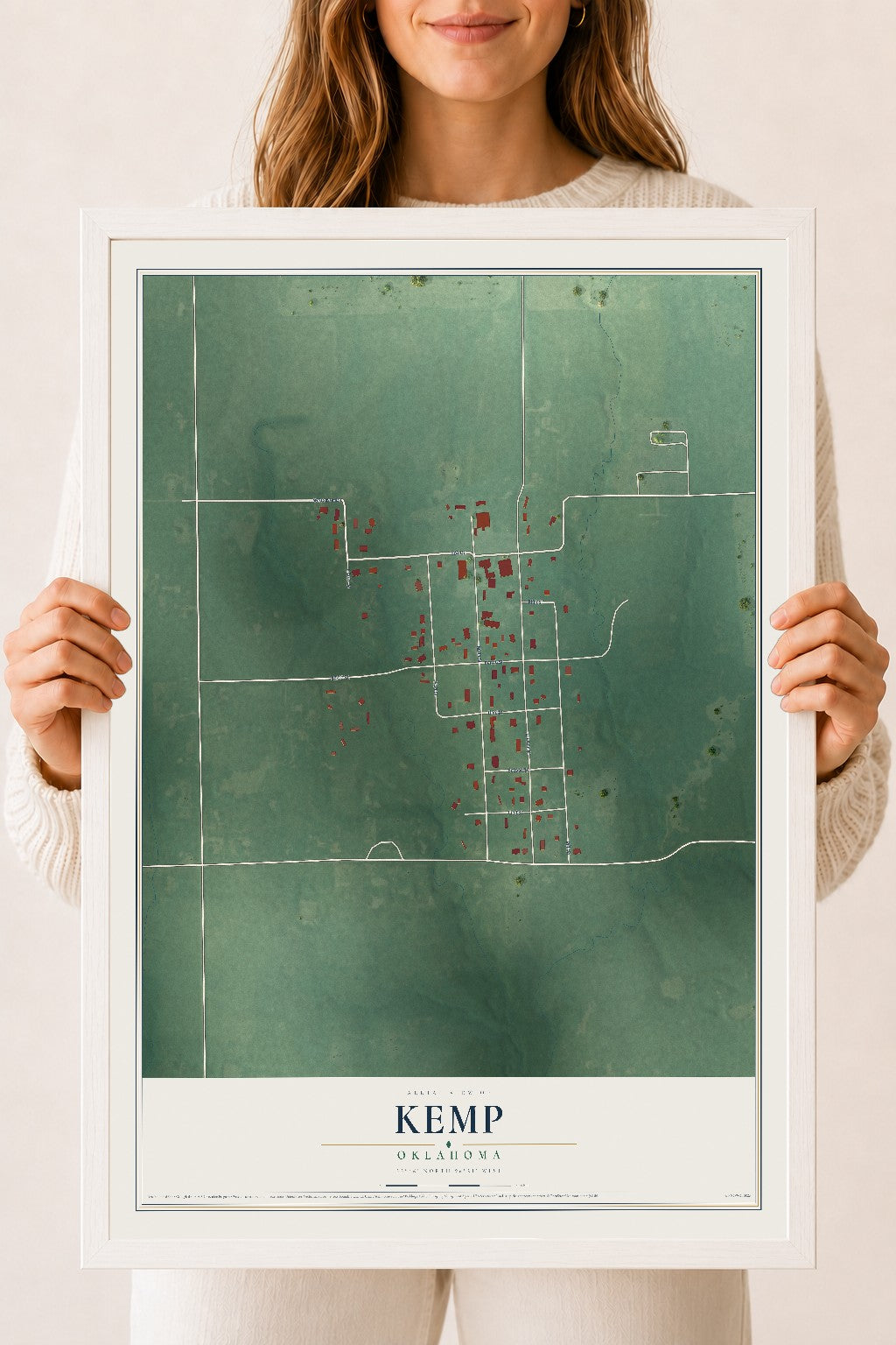 Map of Kemp, Oklahoma, 18 x 24 inch print in a white wood frame