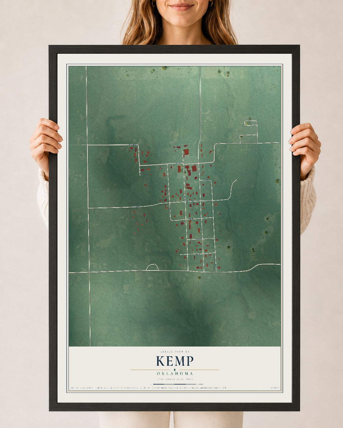 Map of Kemp, Oklahoma, 24 x 36 inch print in a black wood frame
