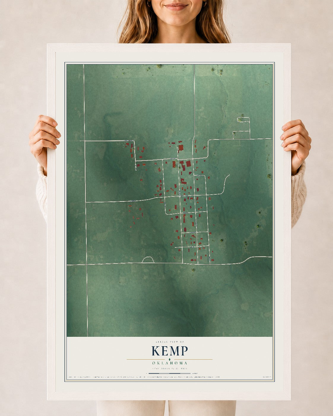 Map of Kemp, Oklahoma, 24 x 36 inch print in a white wood frame