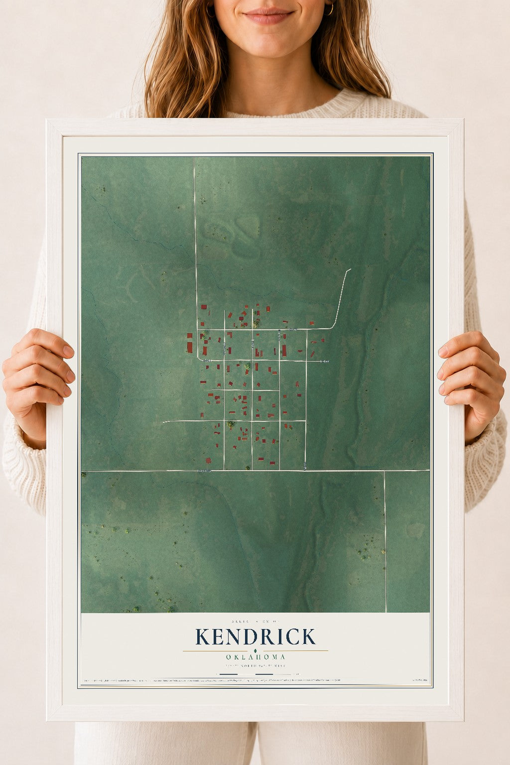 Map of Kendrick, Oklahoma, 18 x 24 inch print in a white wood frame