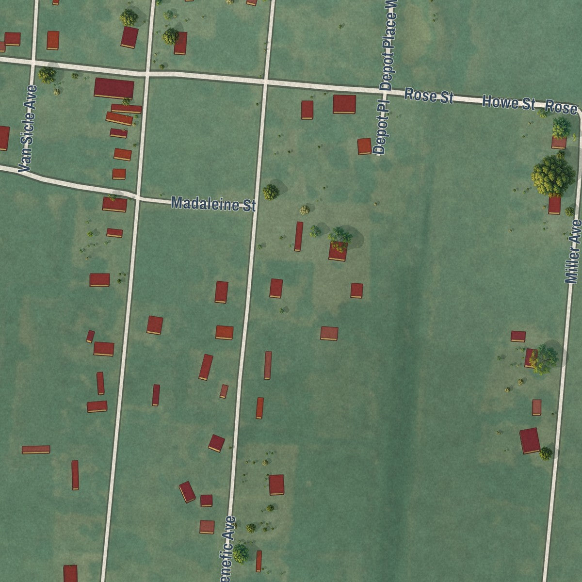 Second close-up of the map of Kenefic, Oklahoma print showing more streets and buildings