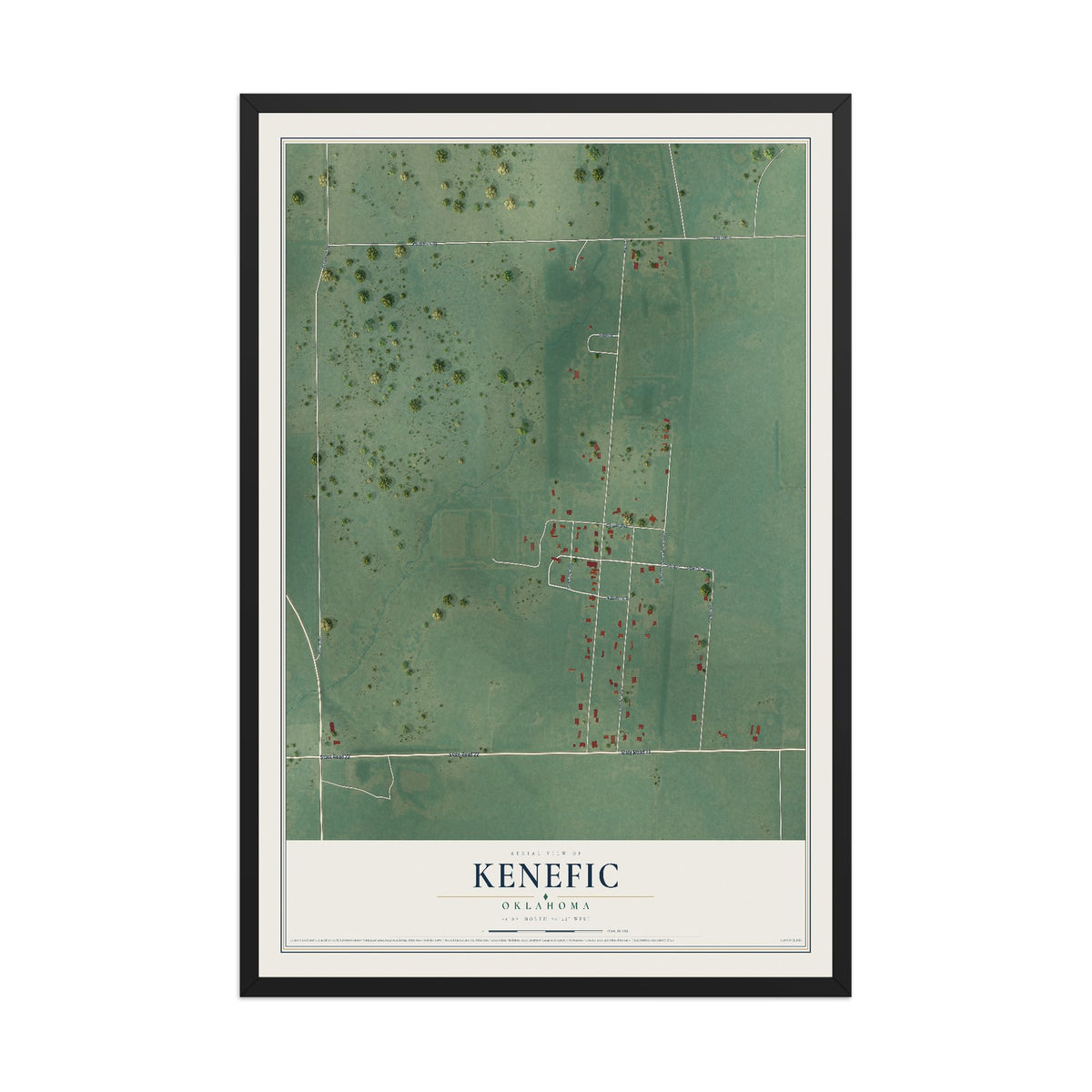 Map of Kenefic, Oklahoma, 12 x 18 inch print in a black wood frame