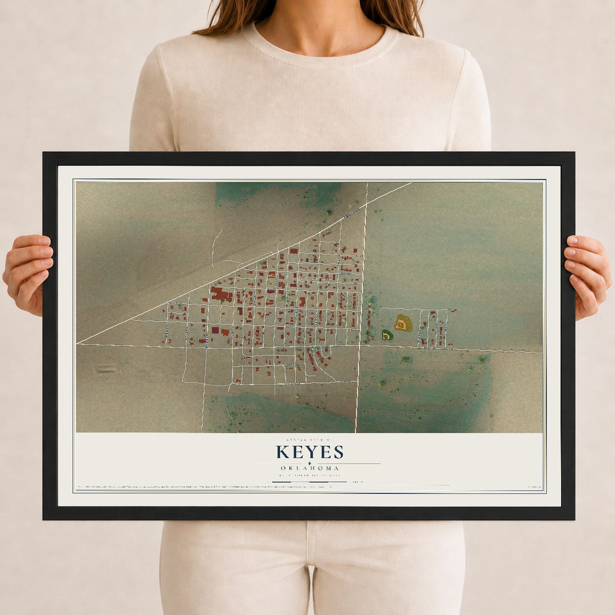 Map of Keyes, Oklahoma, 12 x 18 inch print in a black wood frame