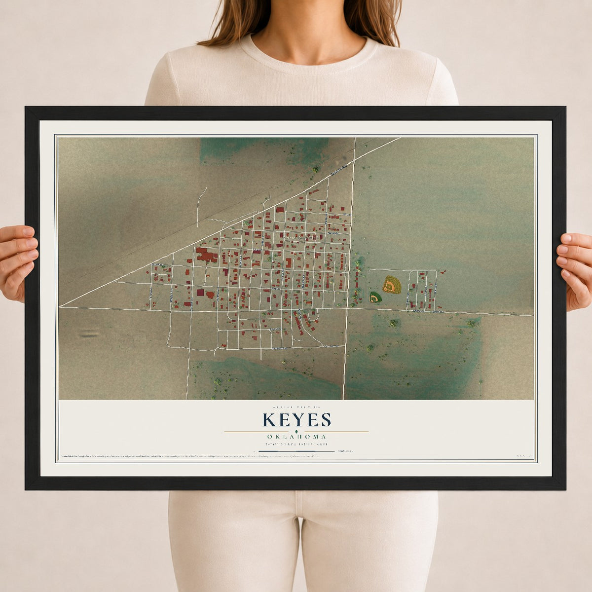 Map of Keyes, Oklahoma, 18 x 24 inch print in a black wood frame