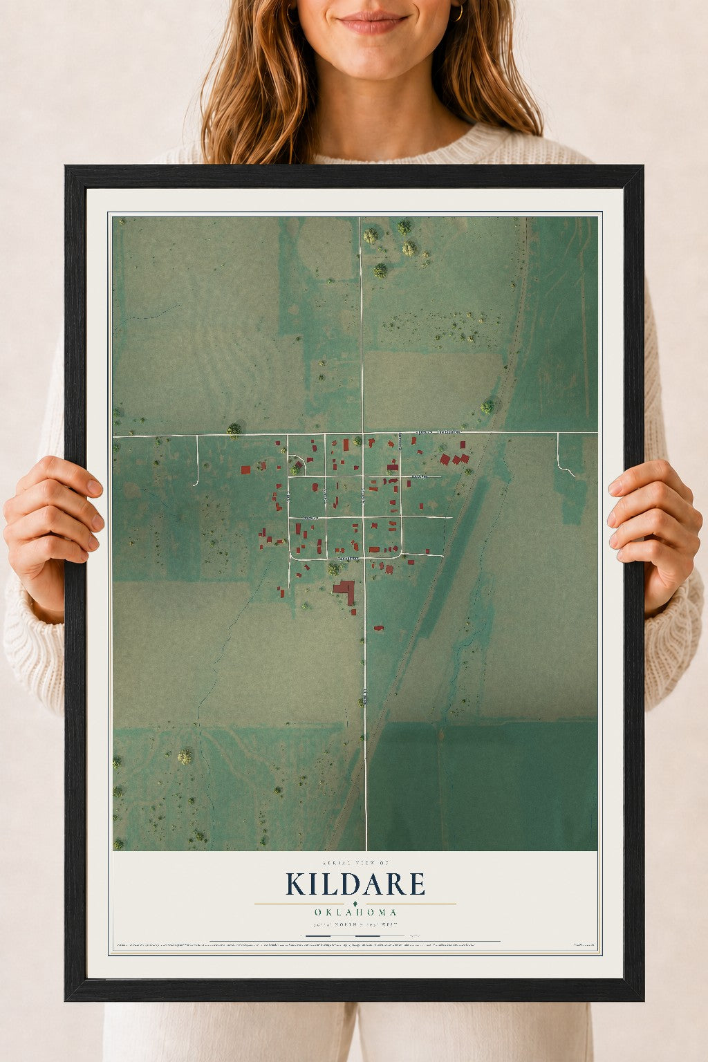 Map of Kildare, Oklahoma, 18 x 24 inch print in a black wood frame