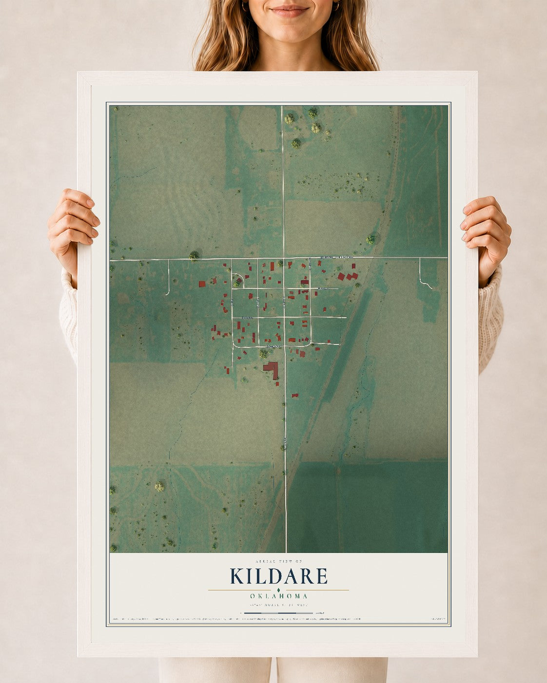 Map of Kildare, Oklahoma, 24 x 36 inch print in a white wood frame