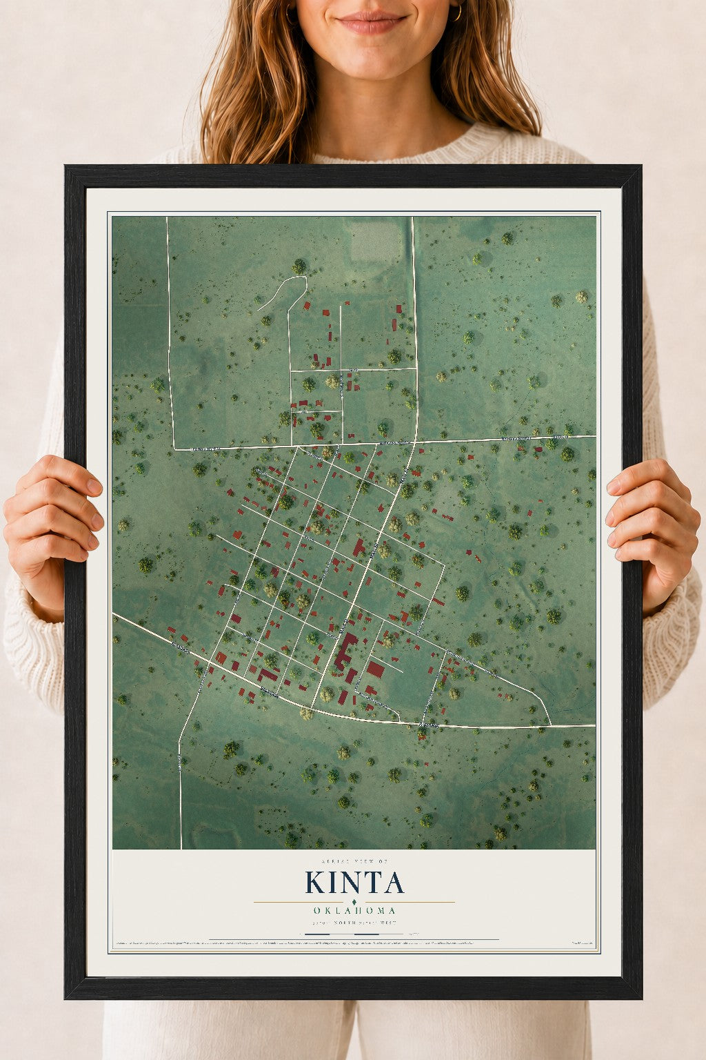 Map of Kinta, Oklahoma, 18 x 24 inch print in a black wood frame