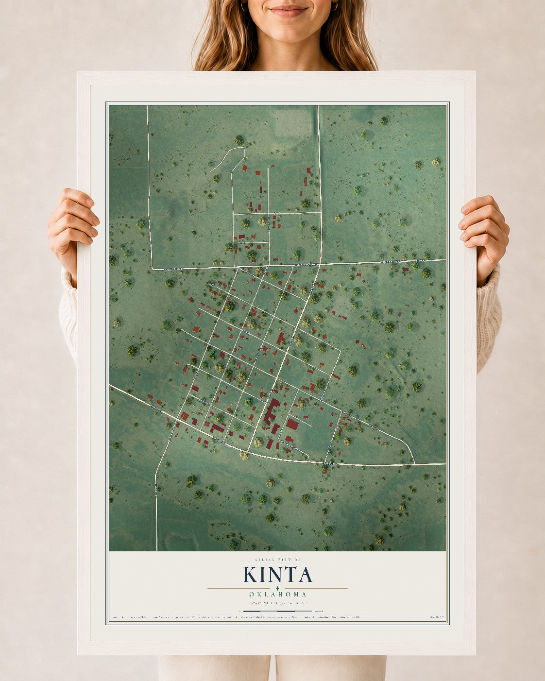 Map of Kinta, Oklahoma, 24 x 36 inch print in a white wood frame