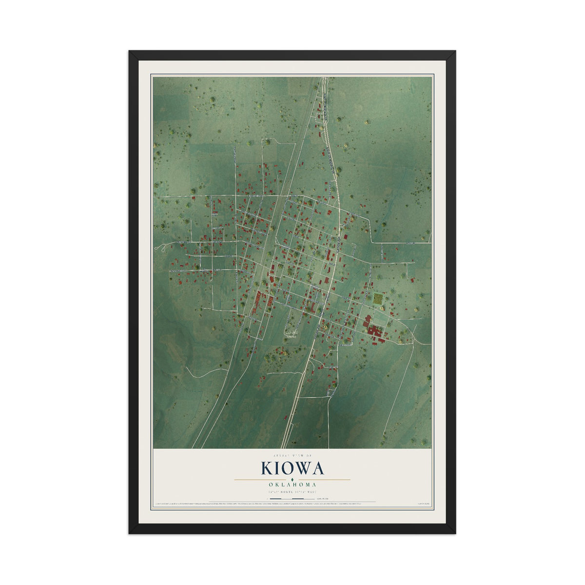 Map of Kiowa, Oklahoma, 12 x 18 inch print in a black wood frame