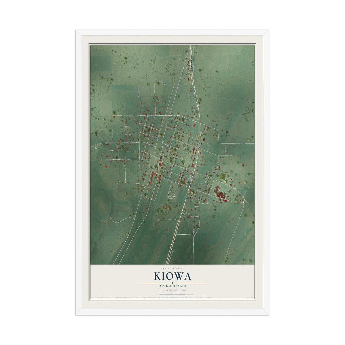 Map of Kiowa, Oklahoma, 12 x 18 inch print in a white wood frame