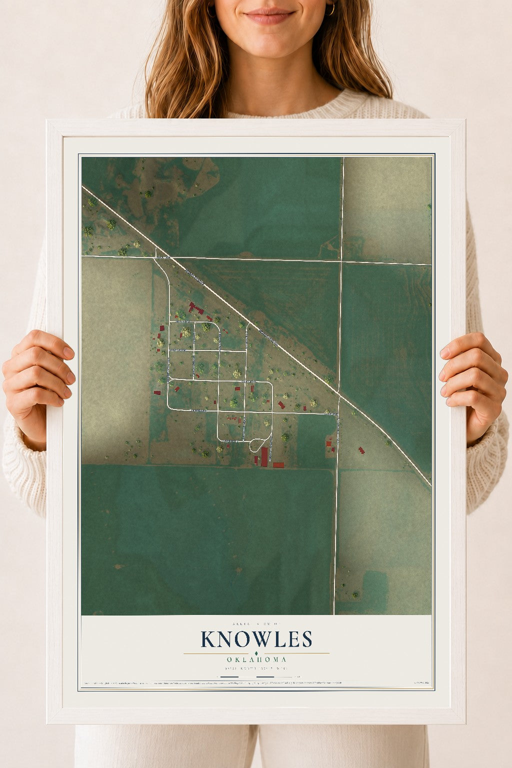 Map of Knowles, Oklahoma, 18 x 24 inch print in a white wood frame