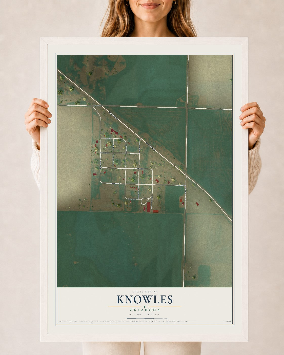 Map of Knowles, Oklahoma, 24 x 36 inch print in a white wood frame