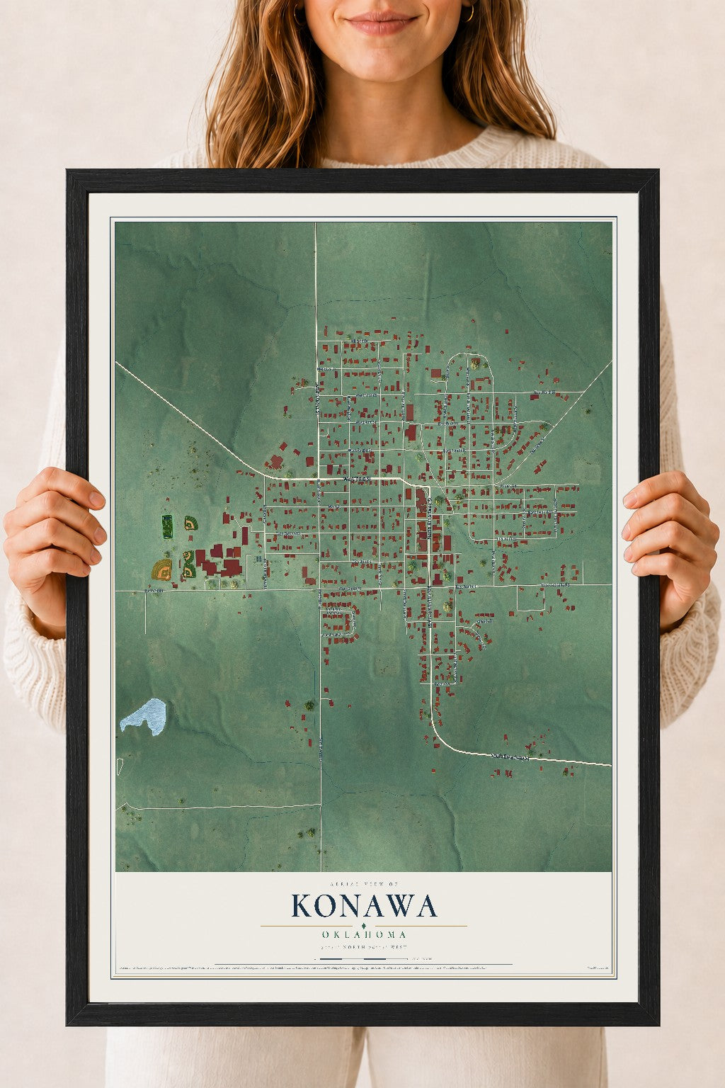 Map of Konawa, Oklahoma, 18 x 24 inch print in a black wood frame