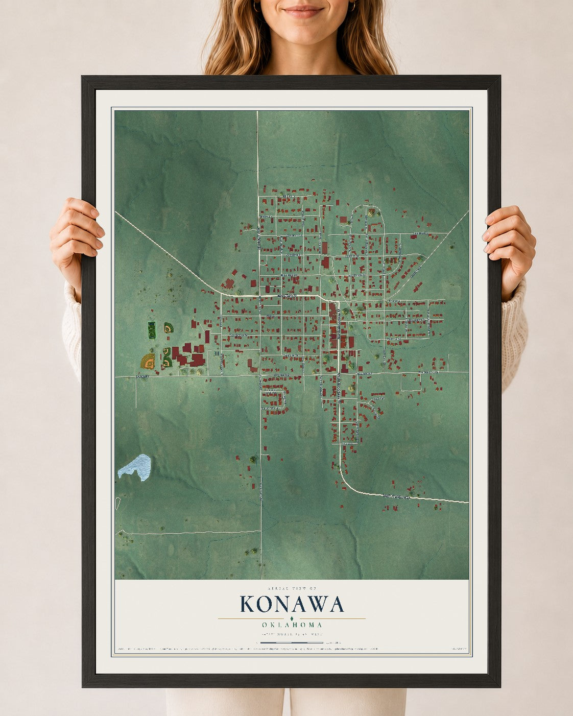 Map of Konawa, Oklahoma, 24 x 36 inch print in a black wood frame