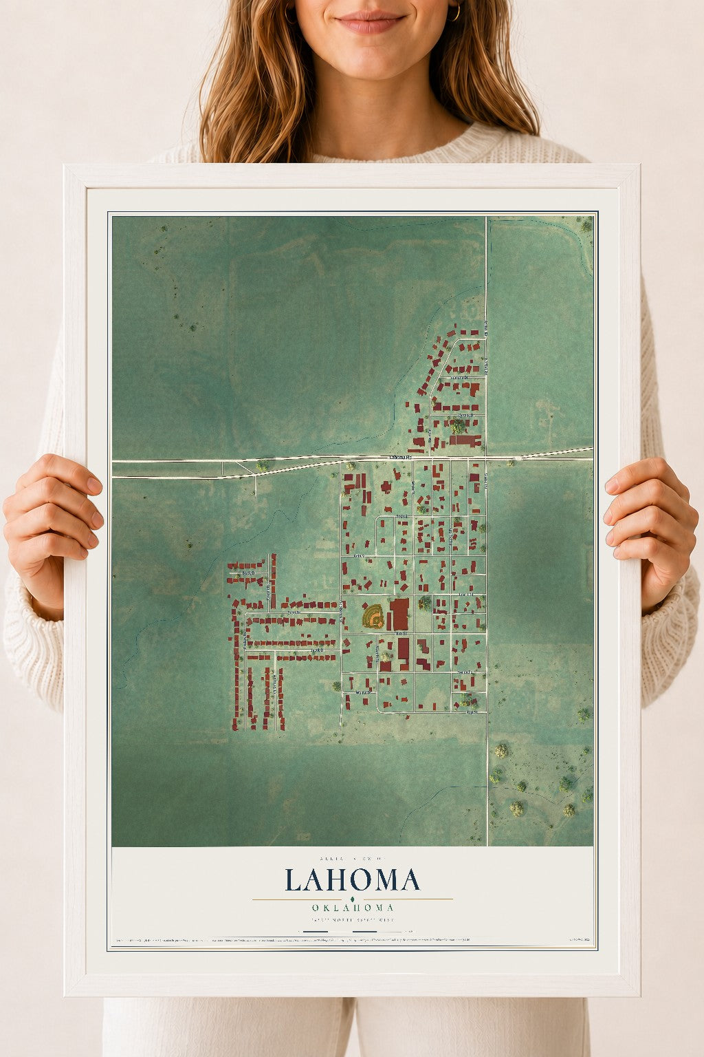 Map of Lahoma, Oklahoma, 18 x 24 inch print in a white wood frame