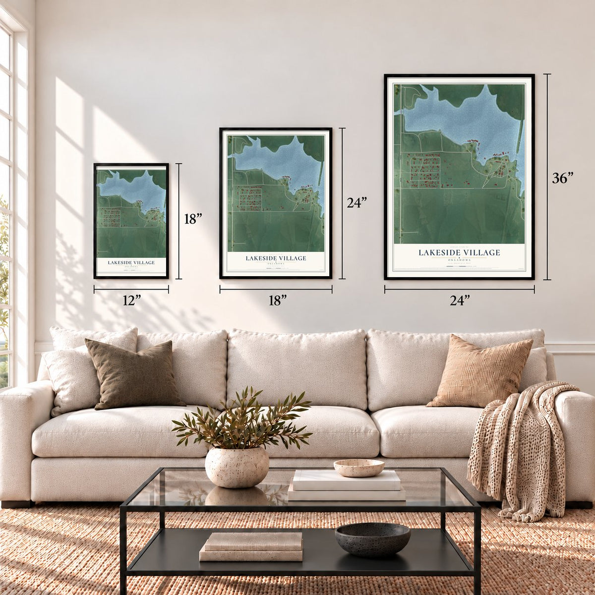 Lakeside Village, Oklahoma map in 12 x 18, 18 x 24 and 24 x 36 inch sizes above a sofa
