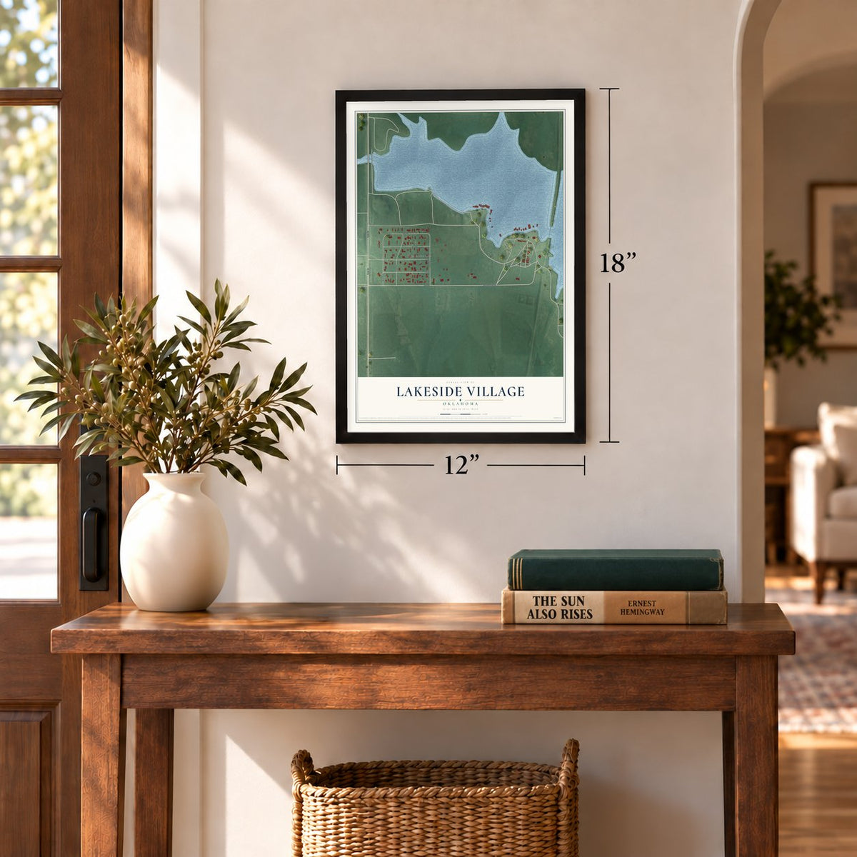 Lakeside Village, Oklahoma map, 12 x 18 inch print in a black frame in an entryway