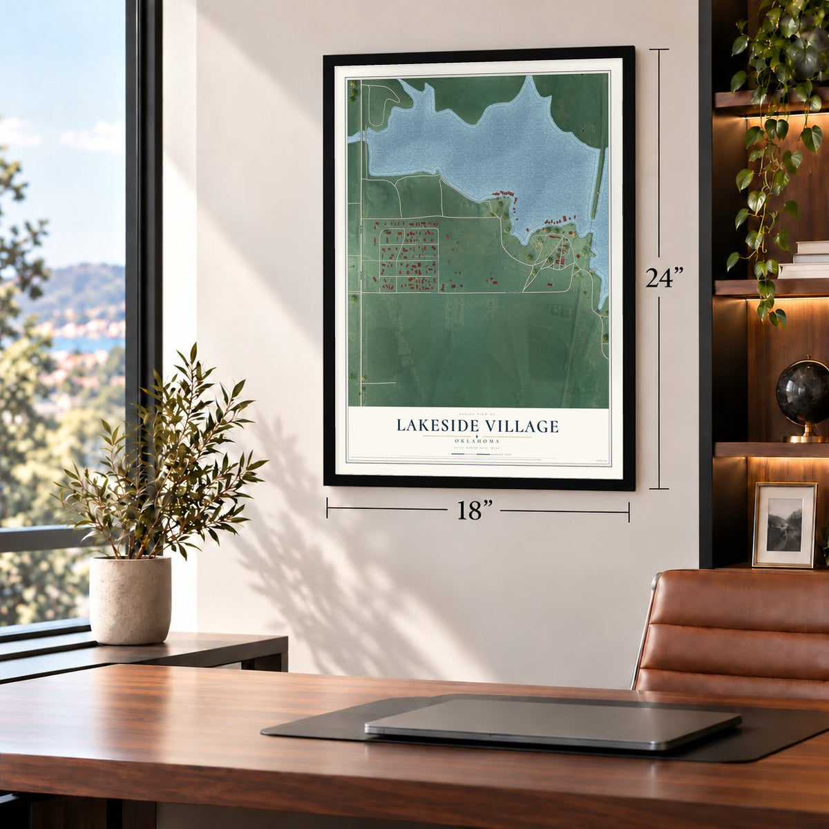 Lakeside Village, Oklahoma map, 18 x 24 inch print in a black frame in a home office