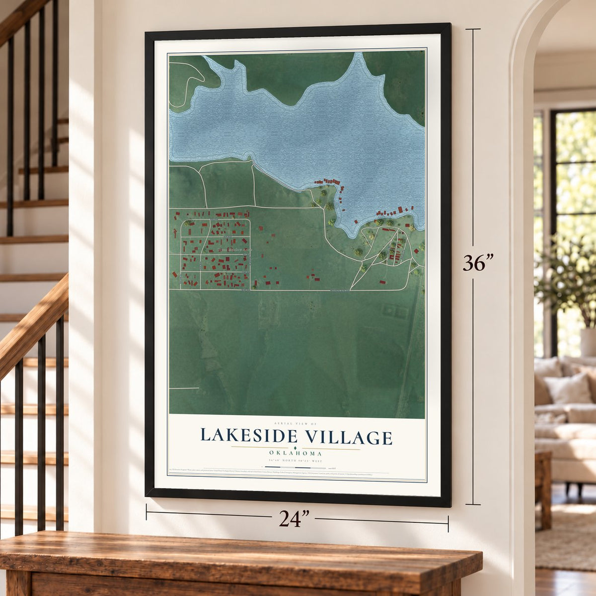 Lakeside Village, Oklahoma map, 24 x 36 inch print in a black frame by a staircase