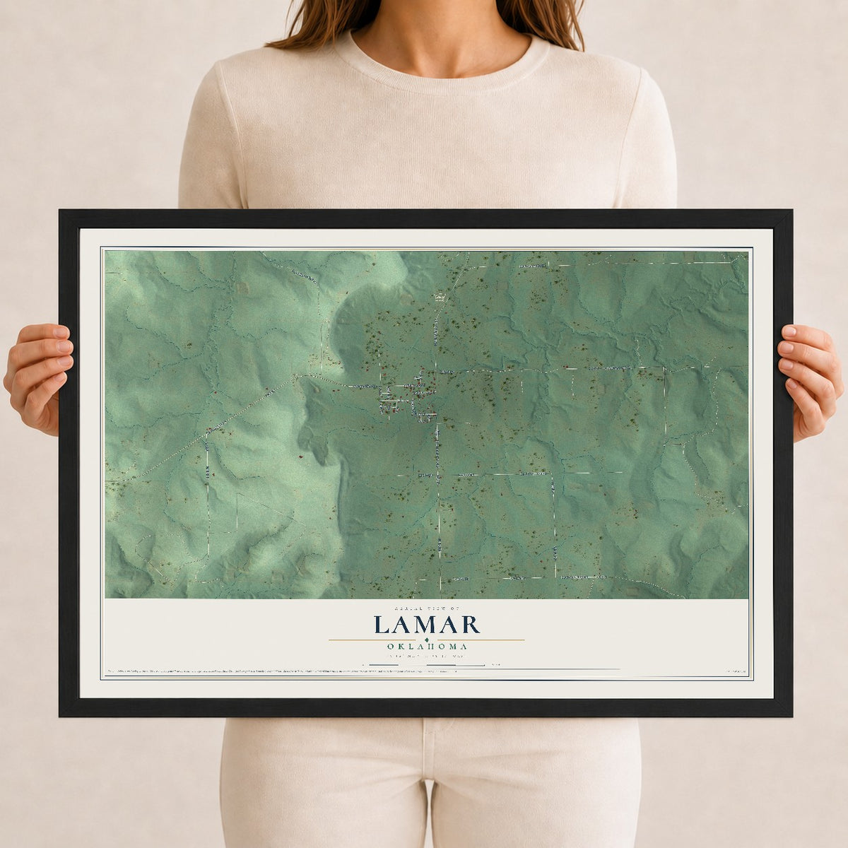 Map of Lamar, Oklahoma, 12 x 18 inch print in a black wood frame