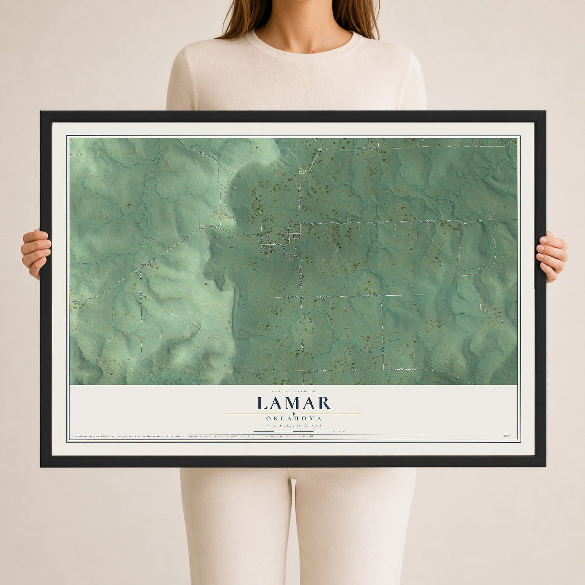 Map of Lamar, Oklahoma, 24 x 36 inch print in a black wood frame