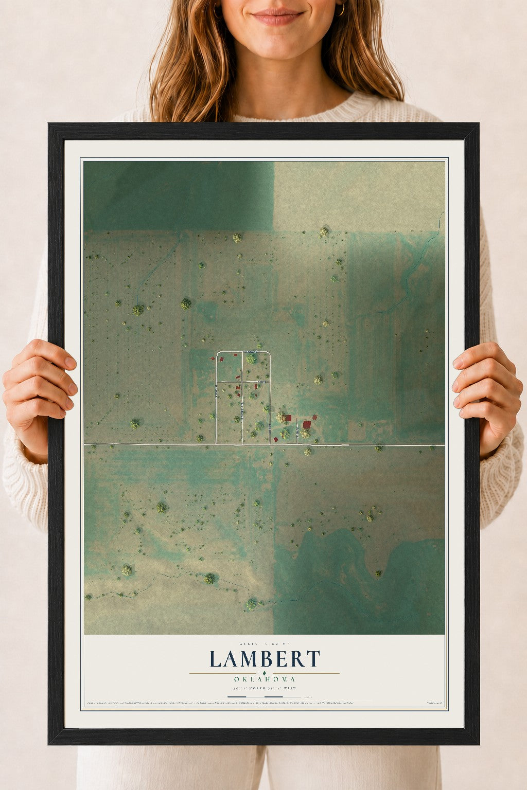 Map of Lambert, Oklahoma, 18 x 24 inch print in a black wood frame