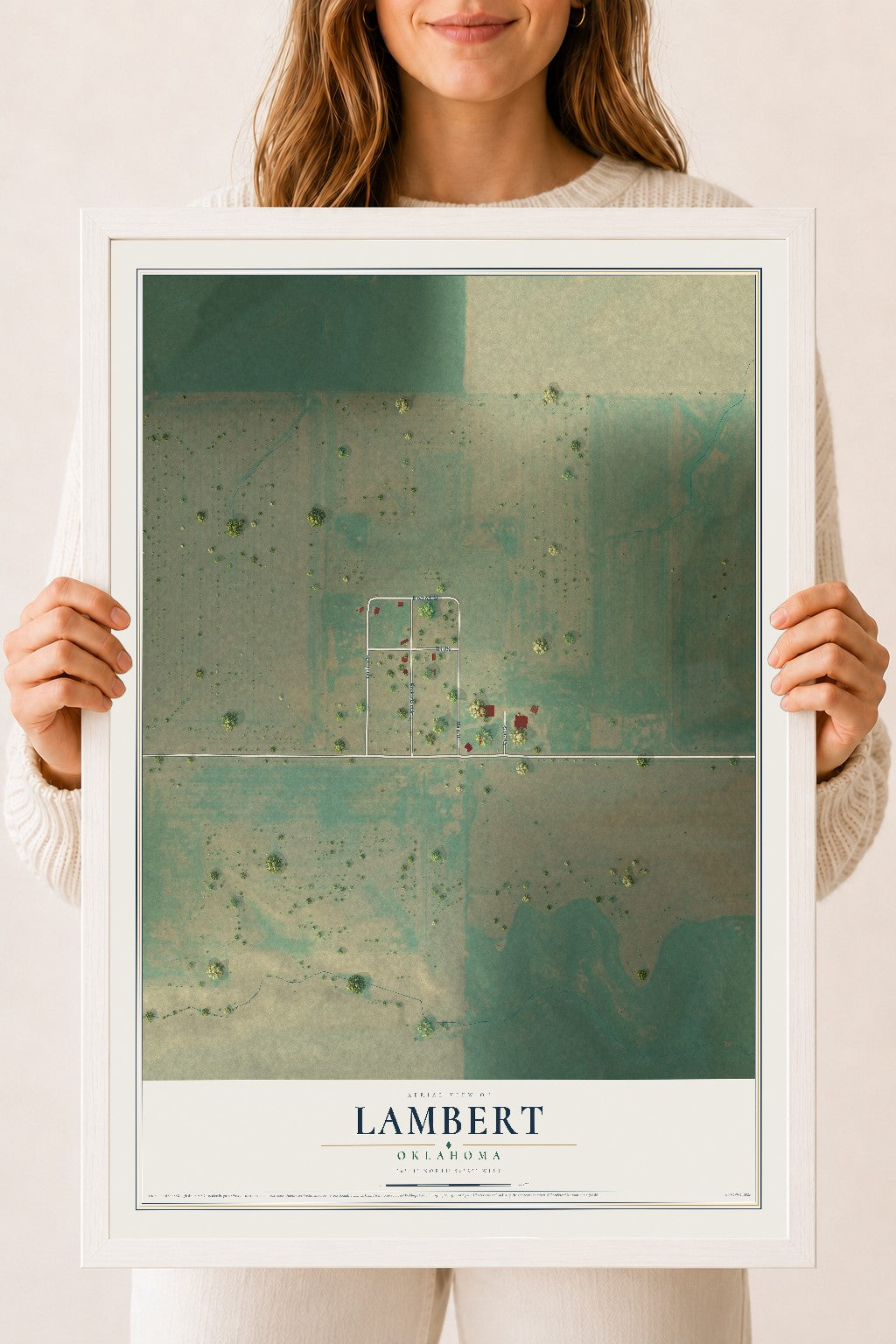 Map of Lambert, Oklahoma, 18 x 24 inch print in a white wood frame