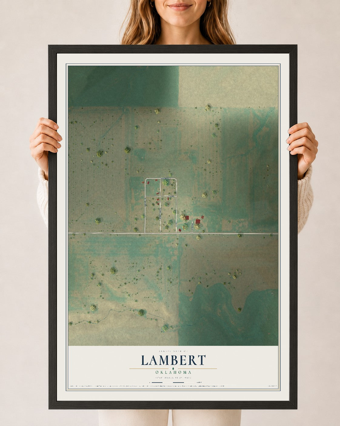 Map of Lambert, Oklahoma, 24 x 36 inch print in a black wood frame