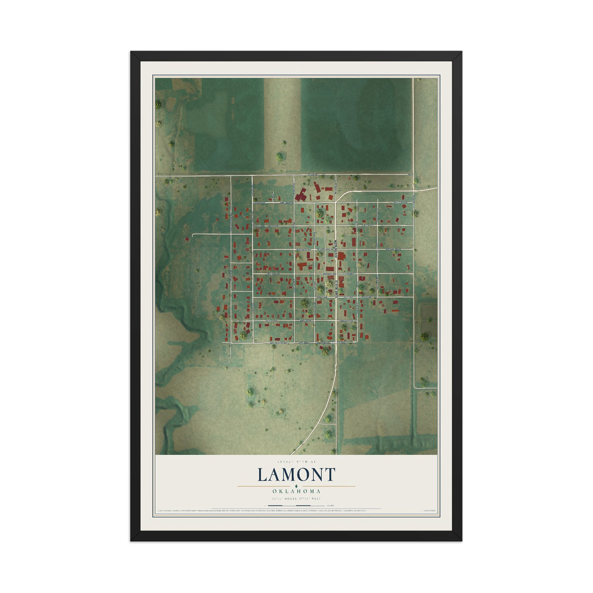 Map of Lamont, Oklahoma, 12 x 18 inch print in a black wood frame