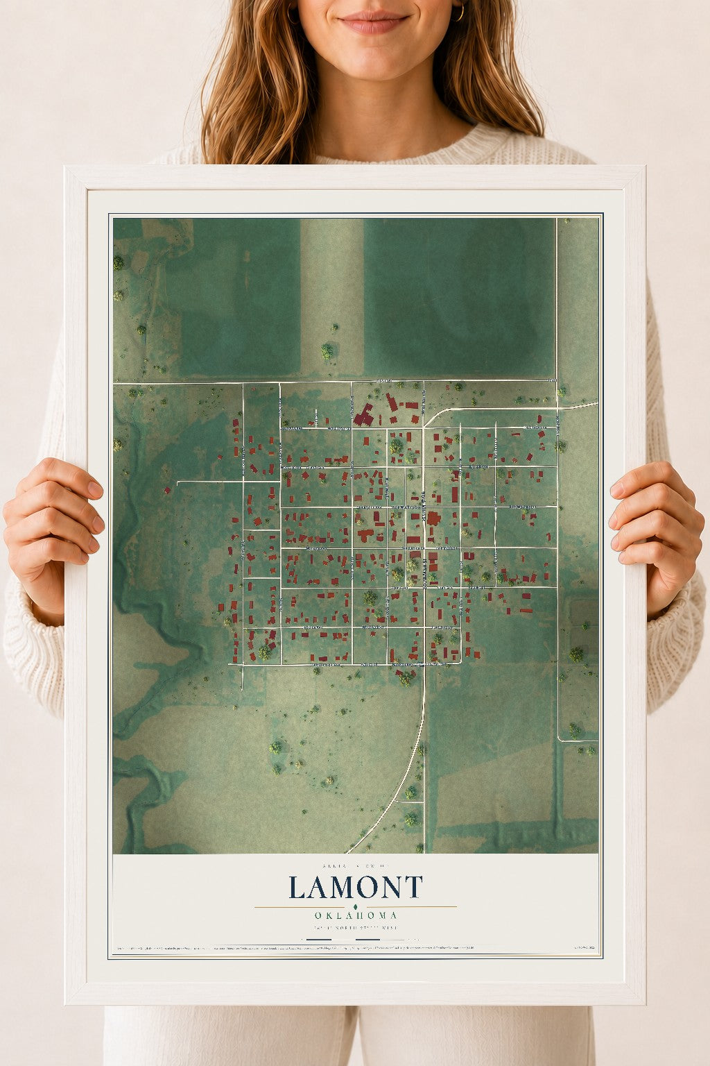 Map of Lamont, Oklahoma, 18 x 24 inch print in a white wood frame