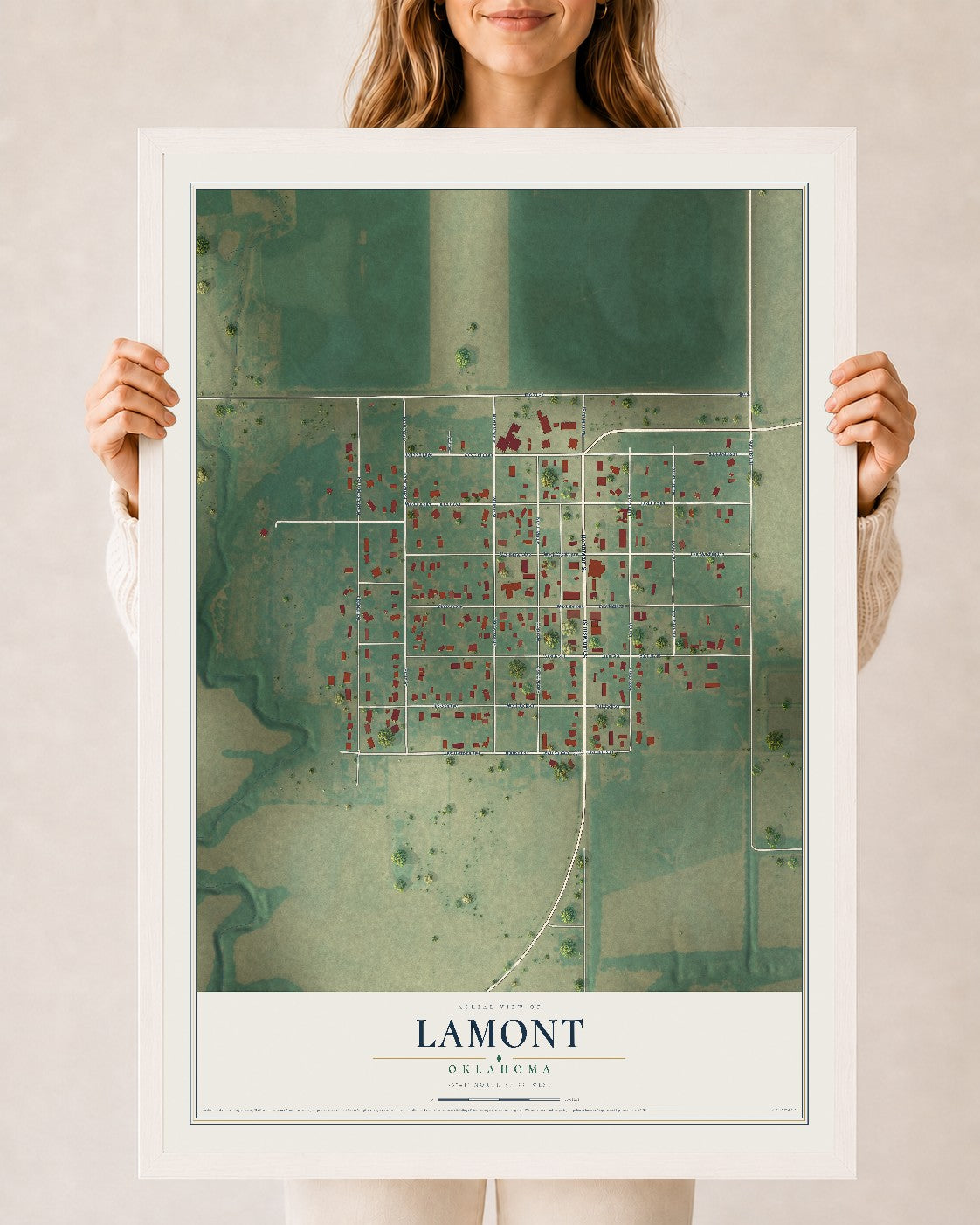 Map of Lamont, Oklahoma, 24 x 36 inch print in a white wood frame