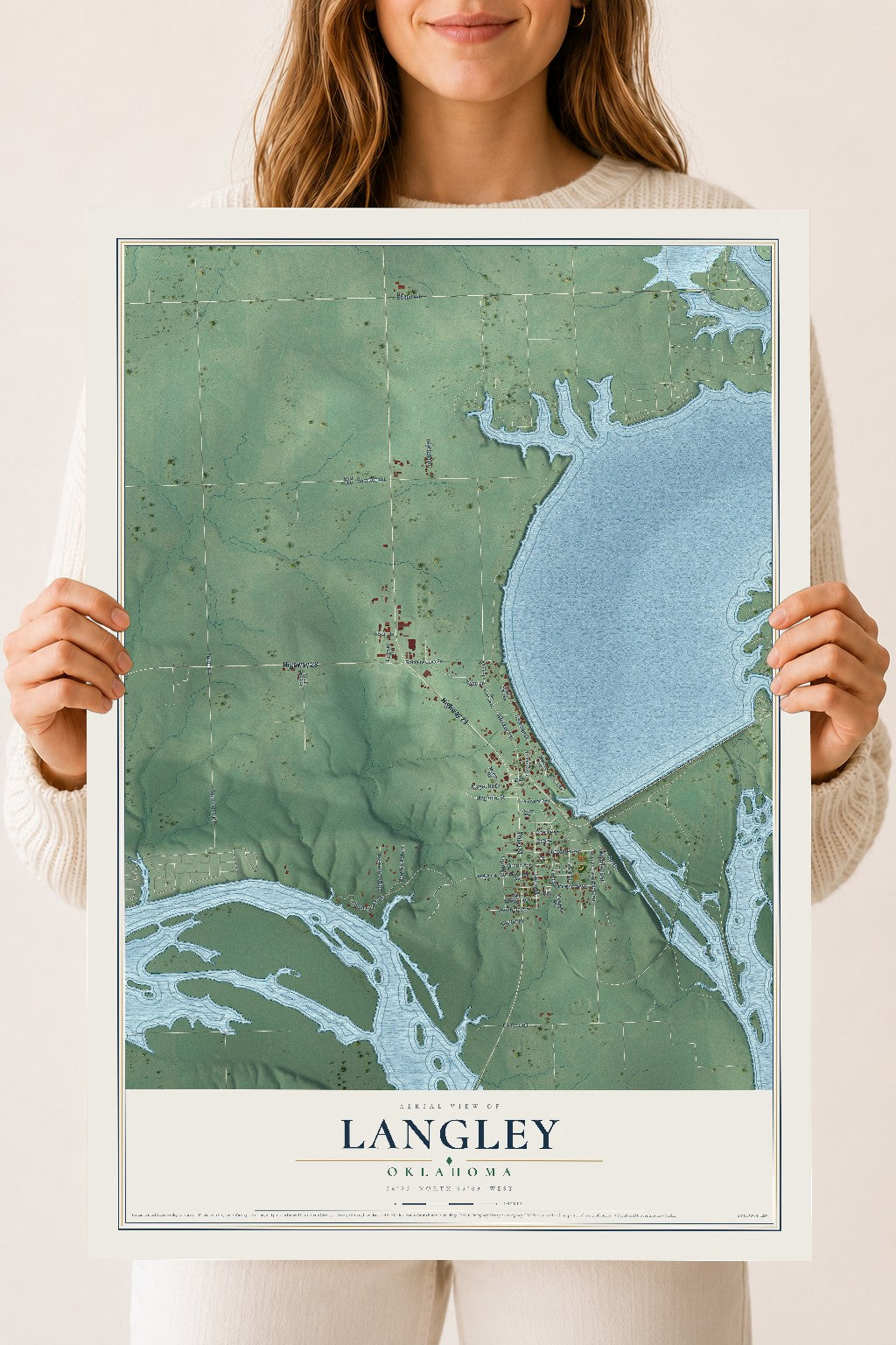 Map of Langley, Oklahoma, 18 x 24 inch unframed archival matte print