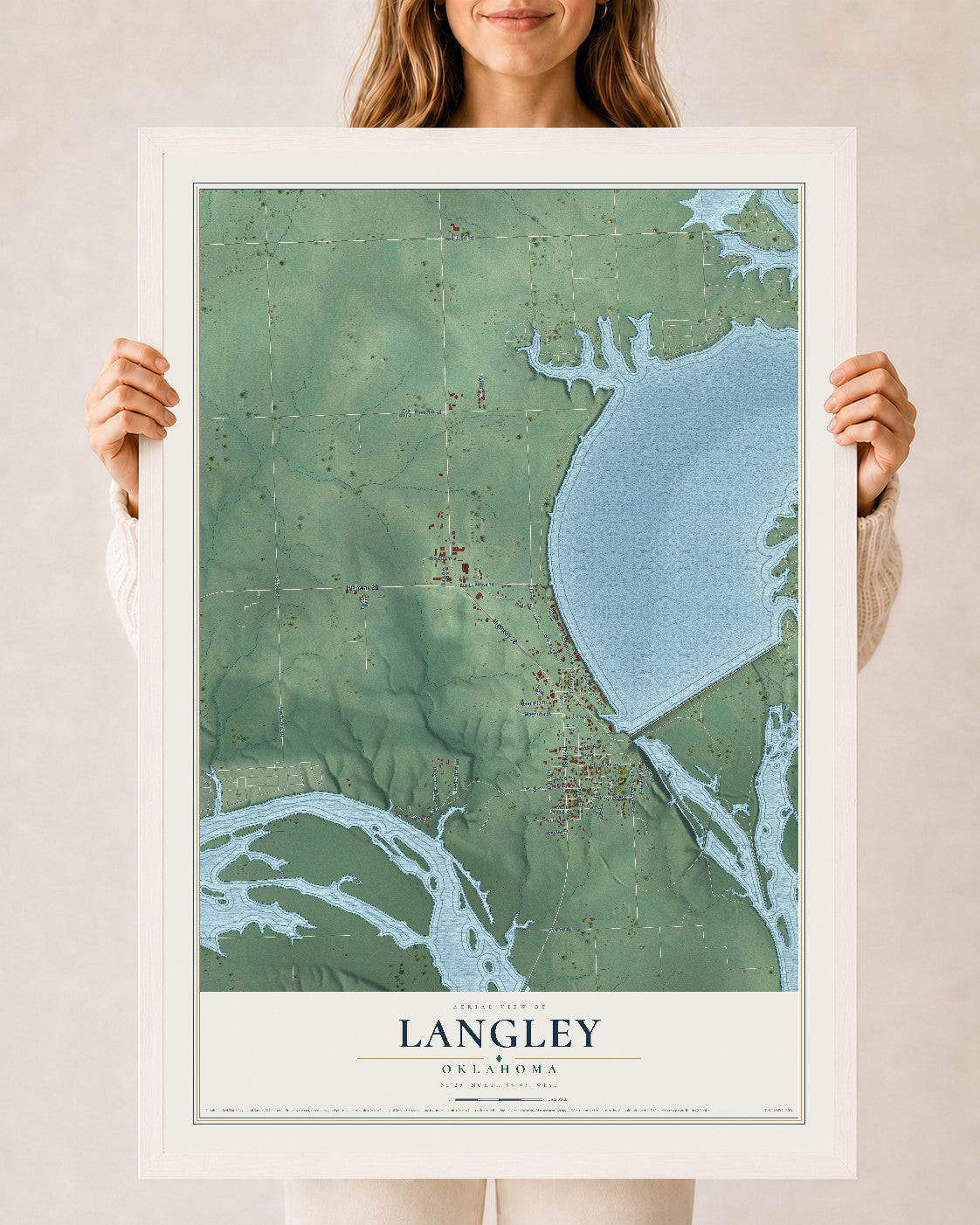 Map of Langley, Oklahoma, 24 x 36 inch print in a white wood frame
