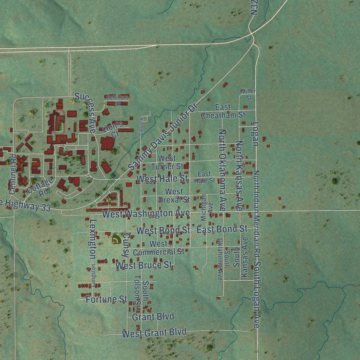 Close-up of the map of Langston, Oklahoma print showing street and building detail