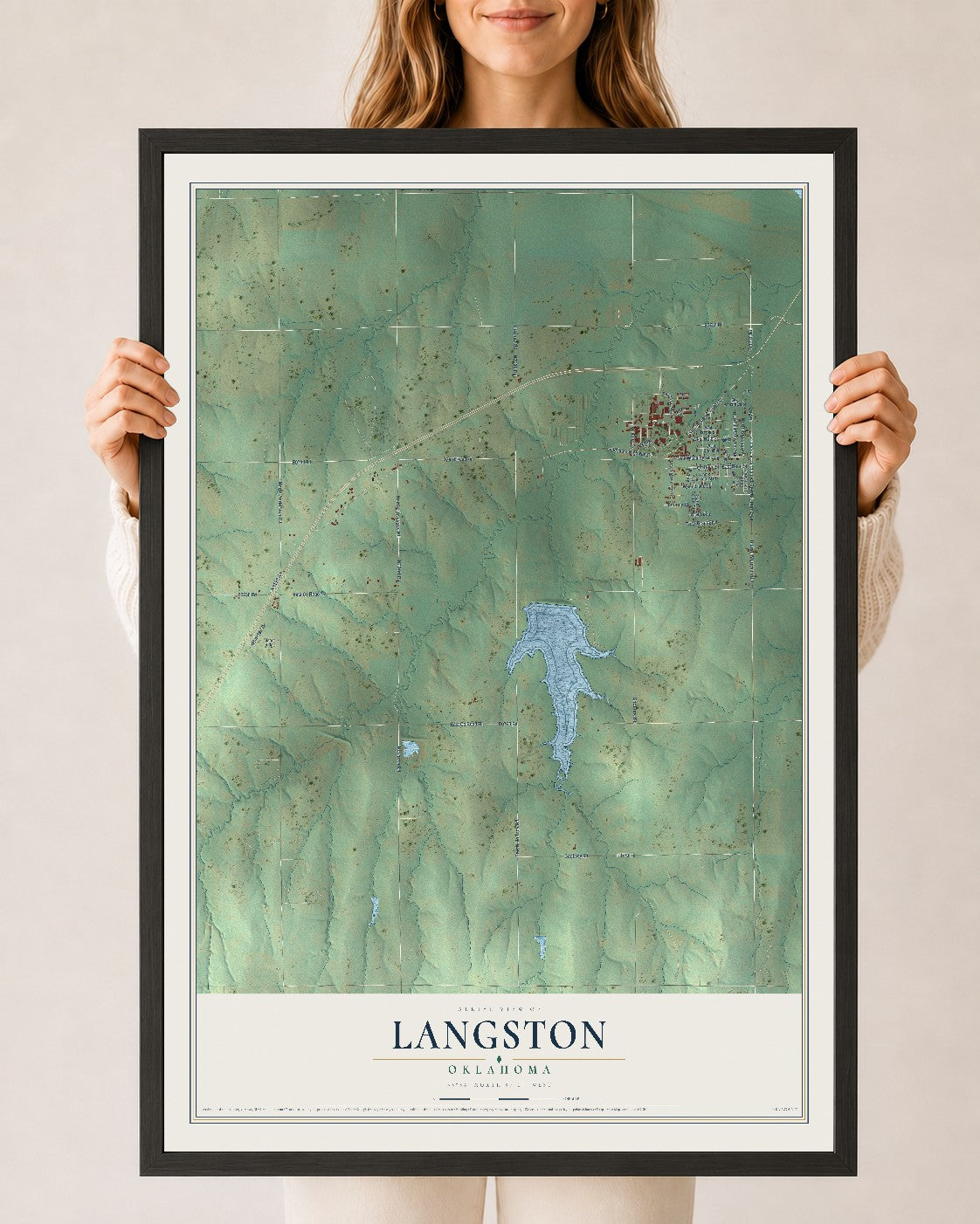 Map of Langston, Oklahoma, 24 x 36 inch print in a black wood frame