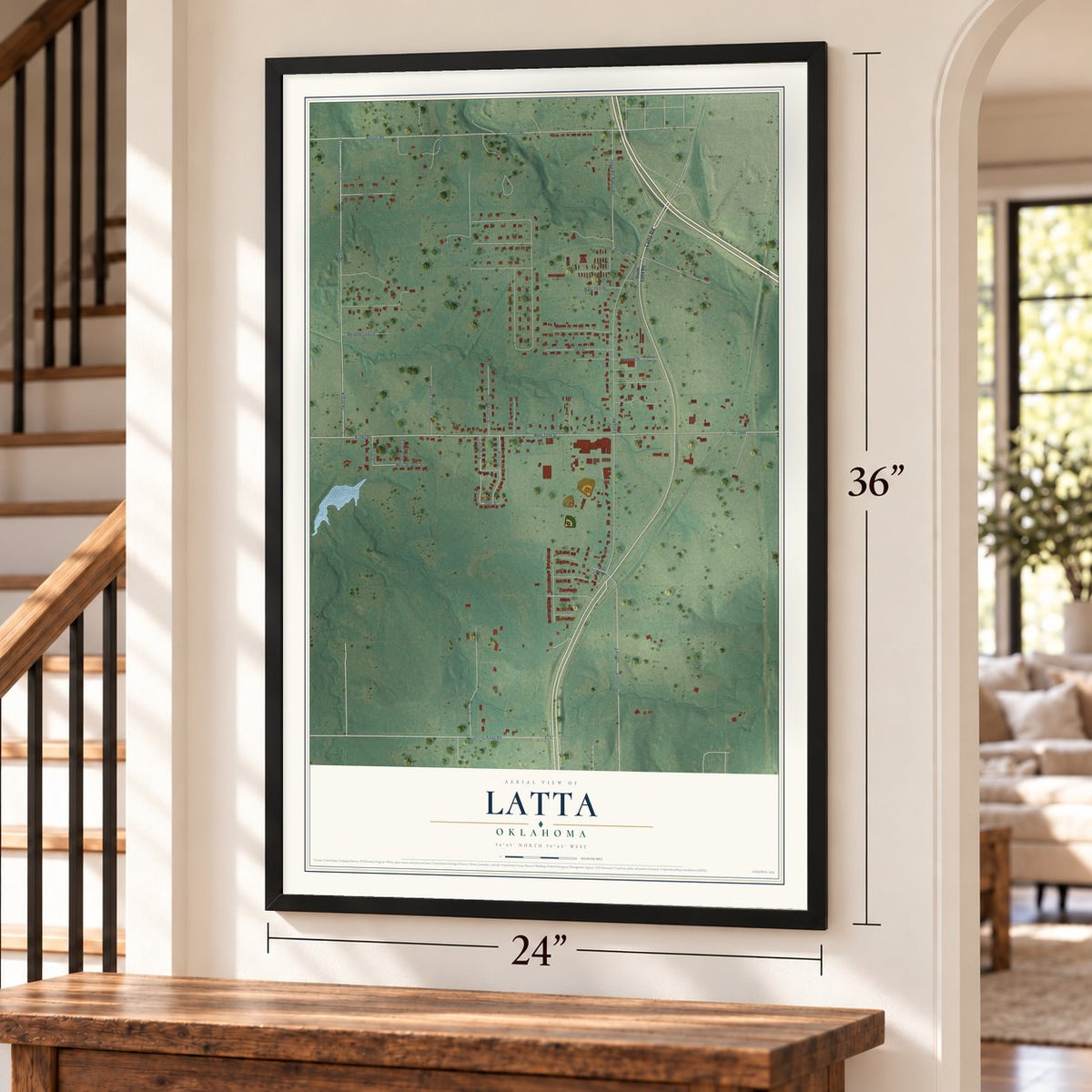 Latta, Oklahoma map, 24 x 36 inch print in a black frame by a staircase