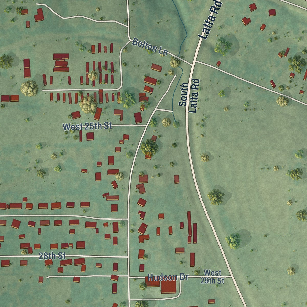 Close-up of the map of Latta, Oklahoma print showing street and building detail