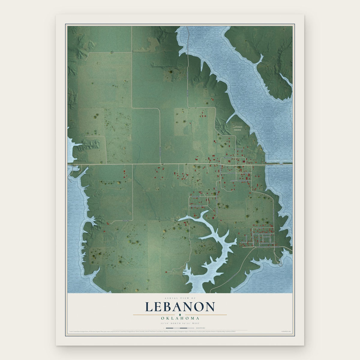 Lebanon, Oklahoma map print, the full design