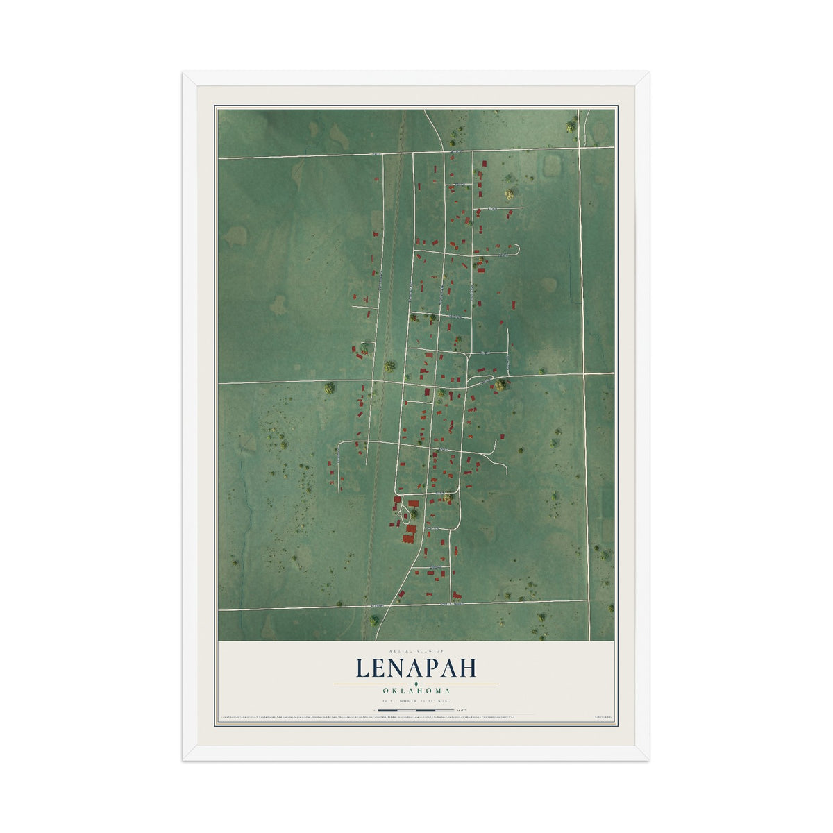 Map of Lenapah, Oklahoma, 12 x 18 inch print in a white wood frame