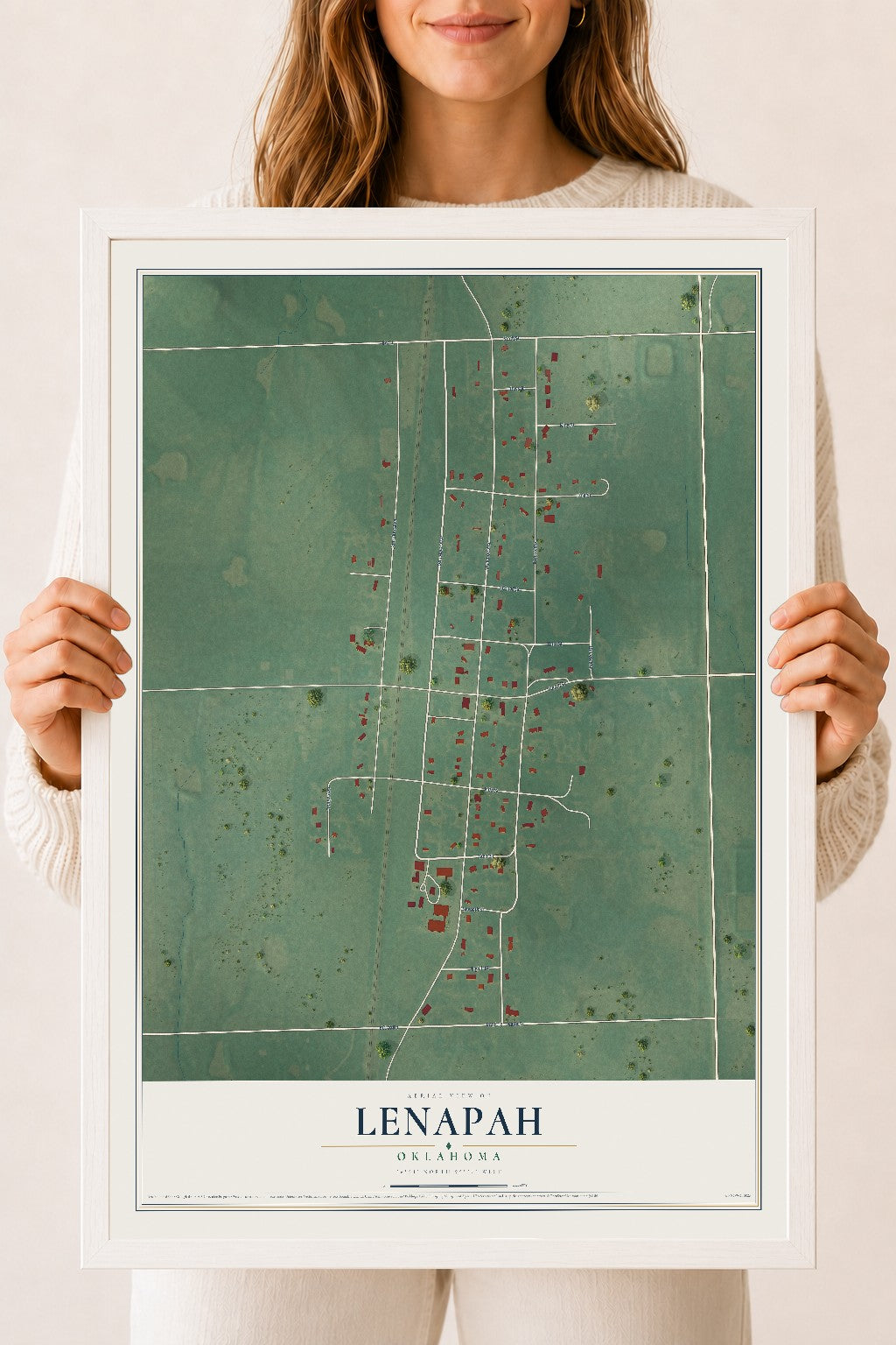 Map of Lenapah, Oklahoma, 18 x 24 inch print in a white wood frame