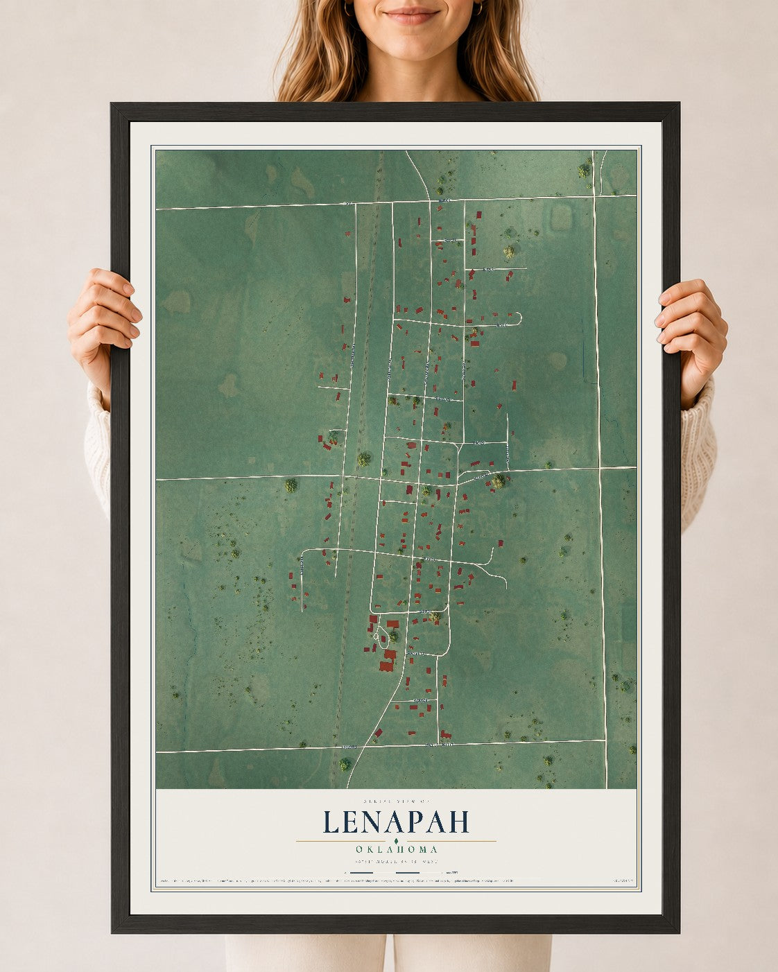 Map of Lenapah, Oklahoma, 24 x 36 inch print in a black wood frame