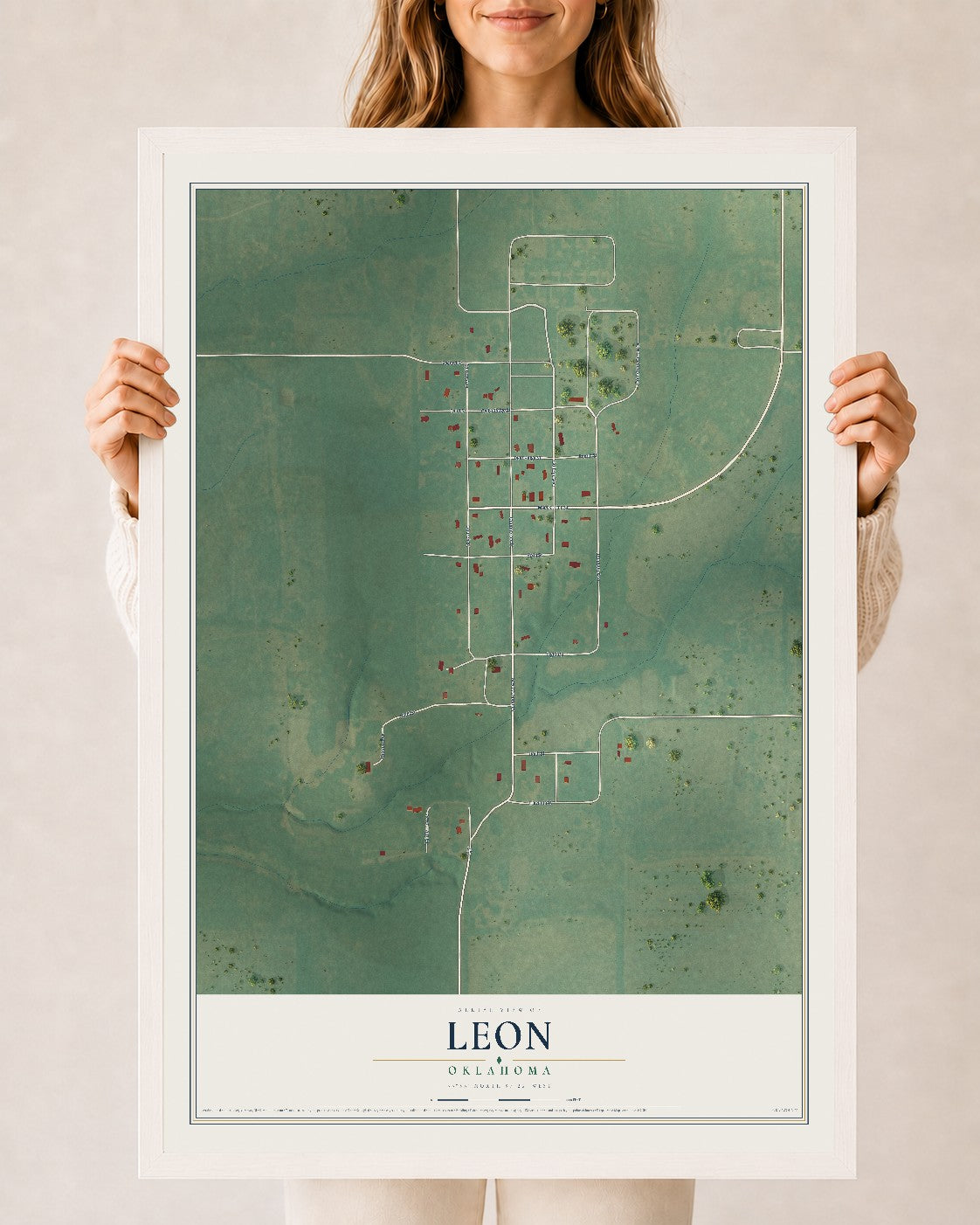 Map of Leon, Oklahoma, 24 x 36 inch print in a white wood frame