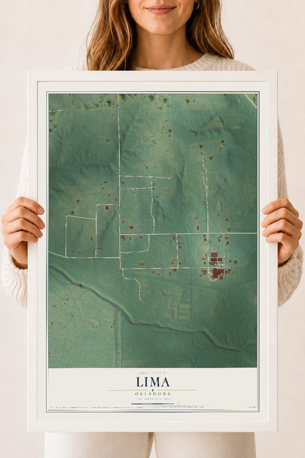 Map of Lima, Oklahoma, 18 x 24 inch print in a white wood frame