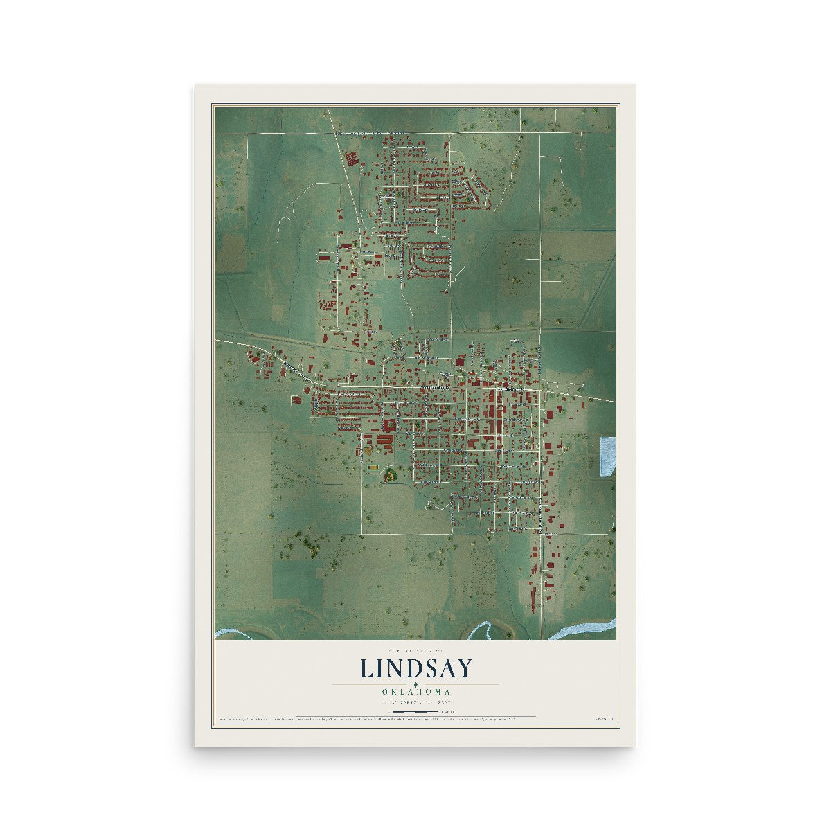 Map of Lindsay, Oklahoma, 12 x 18 inch unframed archival matte print