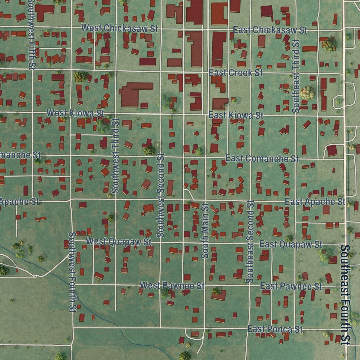 Close-up of the map of Lindsay, Oklahoma print showing street and building detail