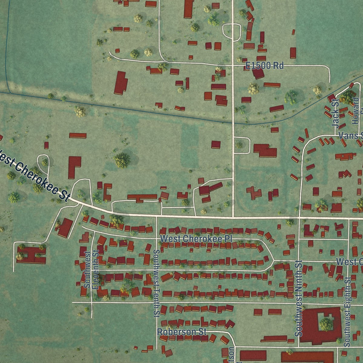 Second close-up of the map of Lindsay, Oklahoma print showing more streets and buildings