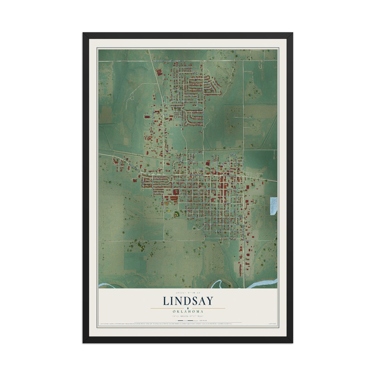 Map of Lindsay, Oklahoma, 12 x 18 inch print in a black wood frame