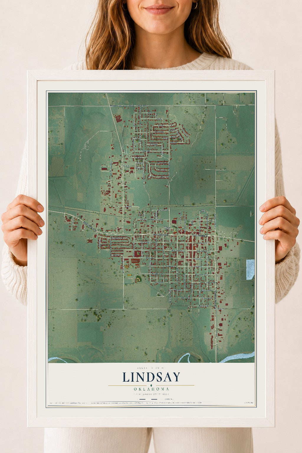 Map of Lindsay, Oklahoma, 18 x 24 inch print in a white wood frame