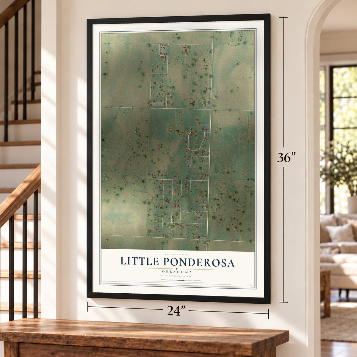 Little Ponderosa, Oklahoma map, 24 x 36 inch print in a black frame by a staircase