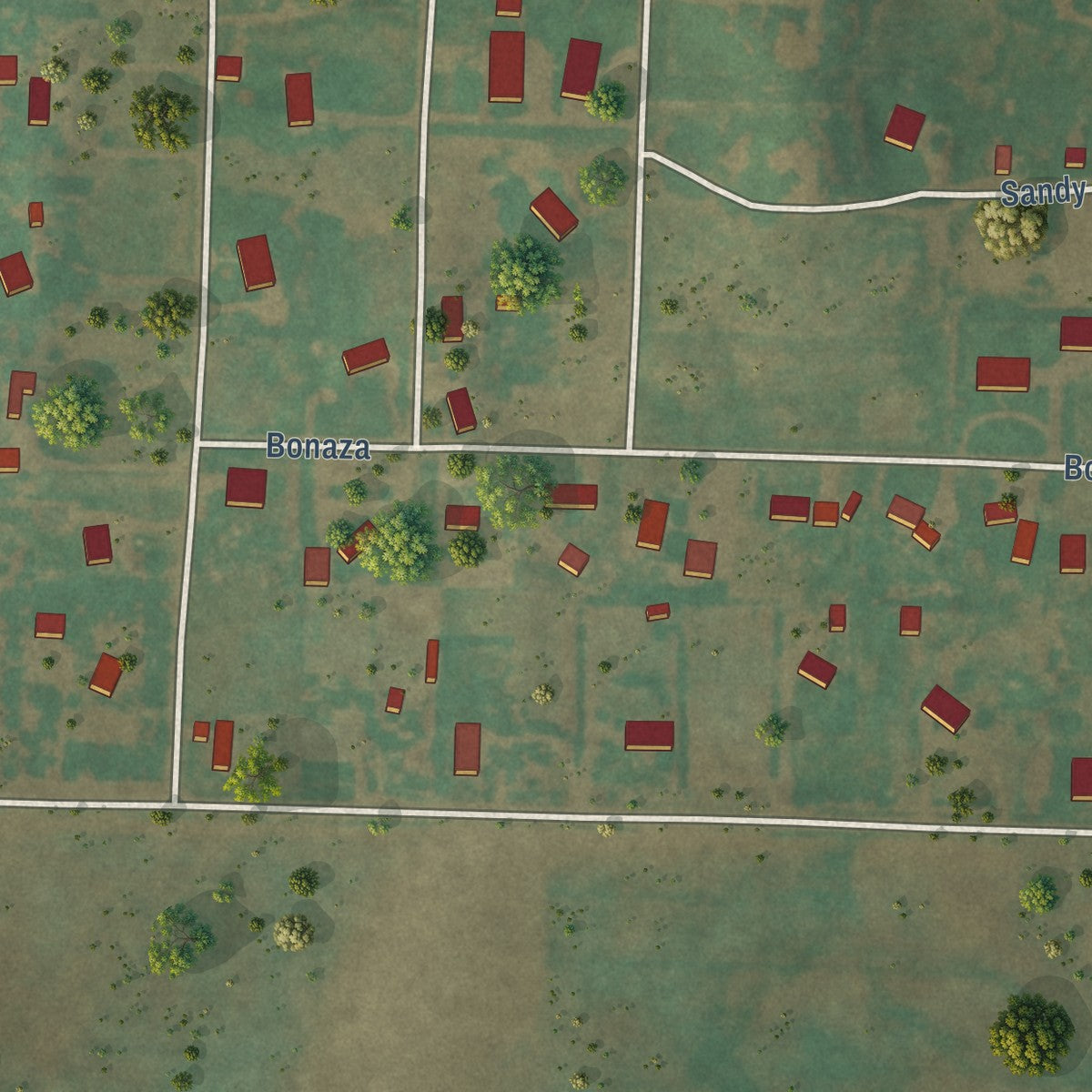 Close-up of the map of Little Ponderosa, Oklahoma print showing street and building detail